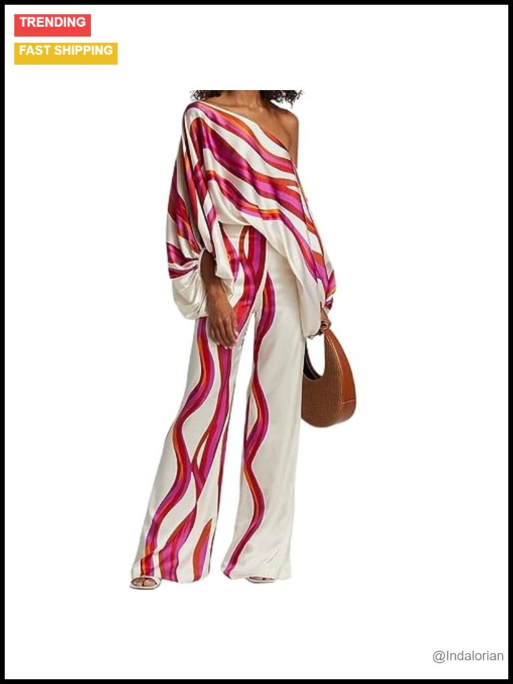 Satin 2 Piece Outfit Off Shoulder Long Sleeve Wide Leg Pant Set